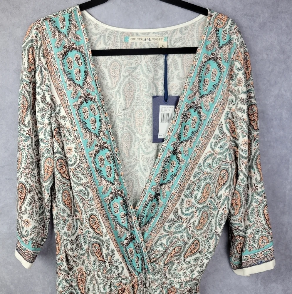 Chelsea & Violet Paisley bohemian surplice romper with‎ elastic waist Womens L